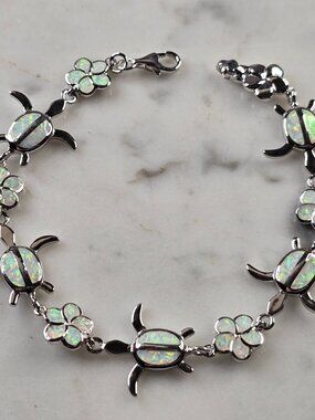 Womens Estate Sterling Silver Opal Sea Turtle Bracelet 10.3g E4516